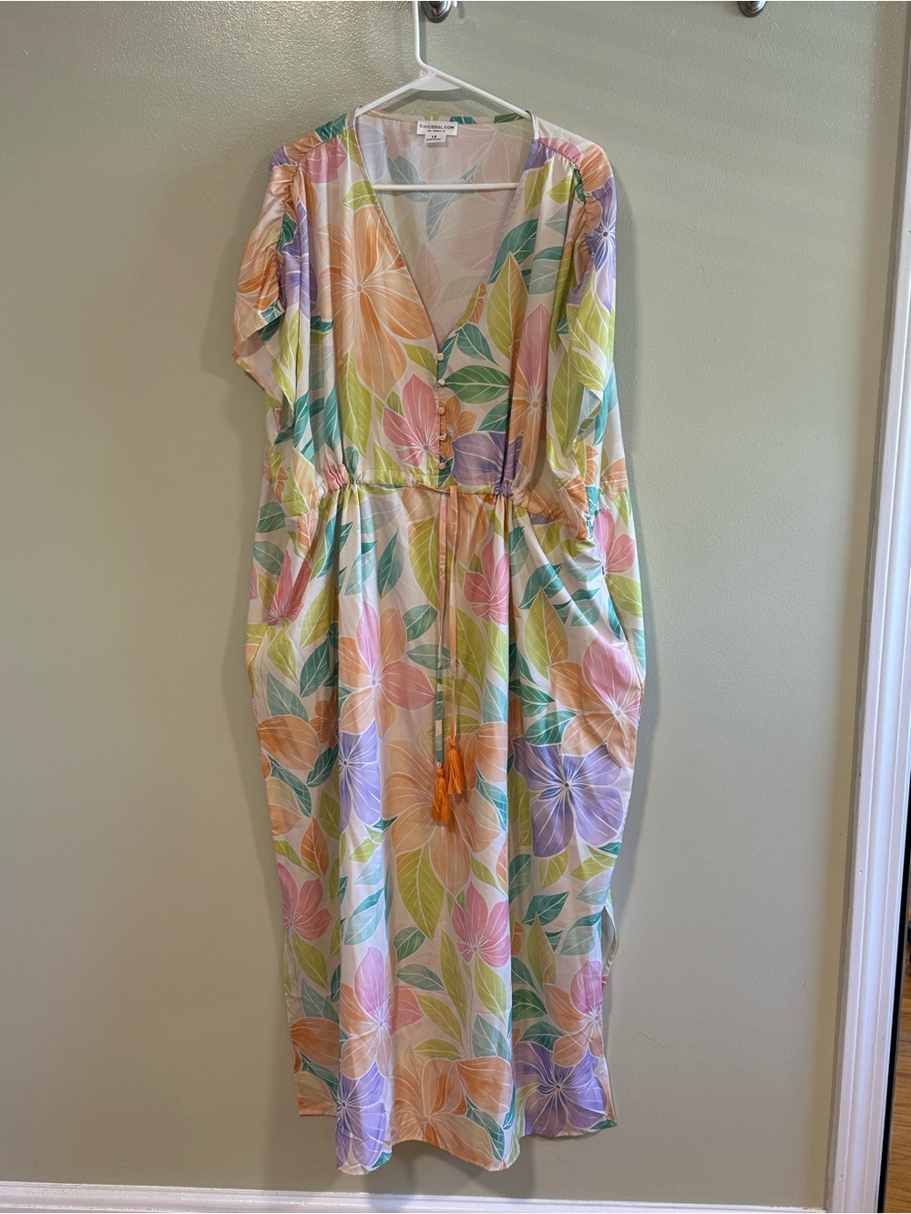 Chic Soul 1X Tropical Floral Wrap Midi Dress Pastel Tassel Tie Boho Resort